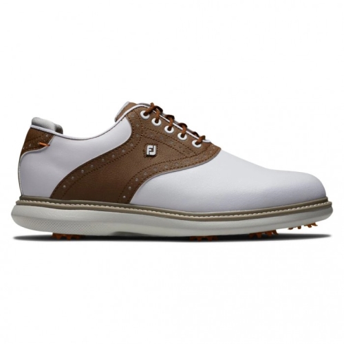 White / Brown Men's Footjoy Golf Traditions Spiked Golf Shoes | UK9371046