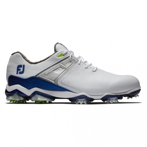 White / Navy / Lime Men's Footjoy Golf Tour X Spiked Golf Shoes | UK6814072