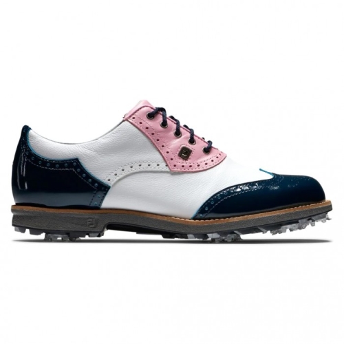 White / Pink / Navy Patent Women's Footjoy Golf Premiere Series - Shield Tip Spiked Golf Shoes | UK7