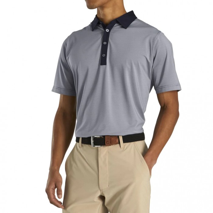 Navy / White Men's Footjoy Golf Athletic Fit Lisle End-On-End Self Collar Shirts | UK2357461