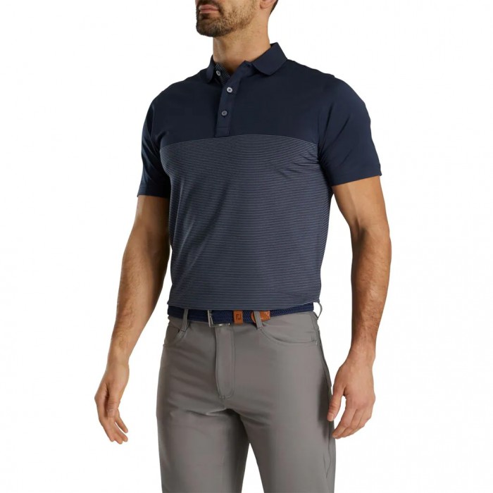 Navy / White Men's Footjoy Golf Lisle Engineered Pin Stripe Self Collar Shirts | UK1493652