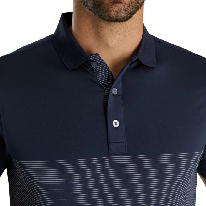 Navy / White Men's Footjoy Golf Lisle Engineered Pin Stripe Self Collar Shirts | UK1493652