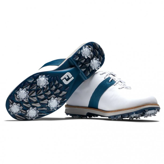 White / Blue Women's Footjoy Golf Premiere Series Spiked Golf Shoes | UK9658701