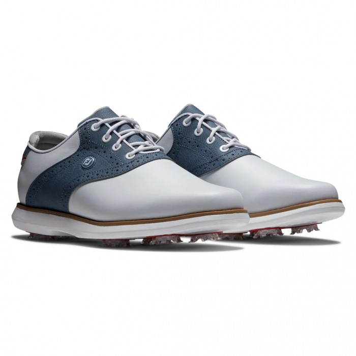 White / Blue Women's Footjoy Golf Traditions Spiked Golf Shoes | UK5218609