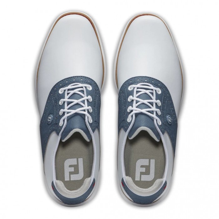 White / Blue Women's Footjoy Golf Traditions Spiked Golf Shoes | UK5218609