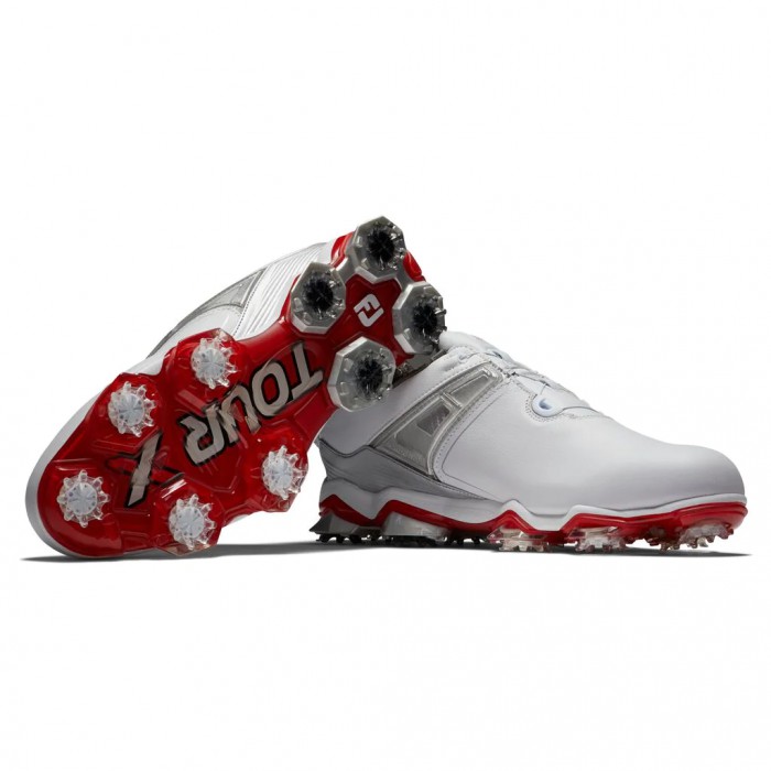 White / Grey / Red Men's Footjoy Golf Tour X BOA Spiked Golf Shoes | UK3519270