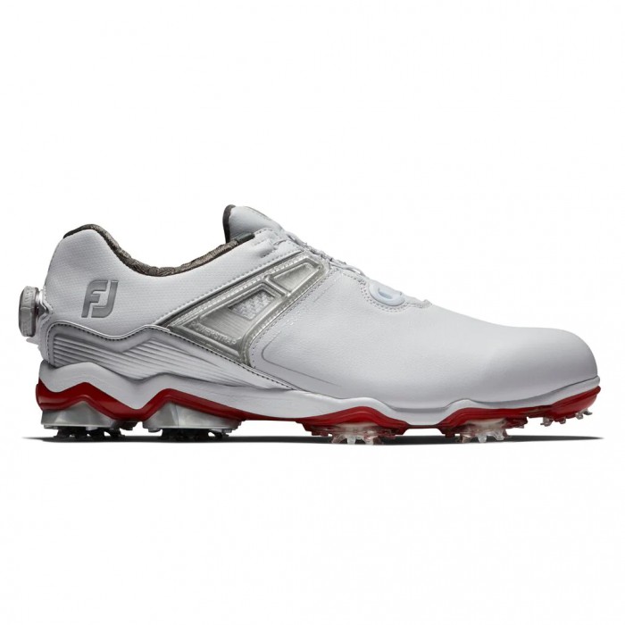 White / Grey / Red Men\'s Footjoy Golf Tour X BOA Spiked Golf Shoes | UK3519270