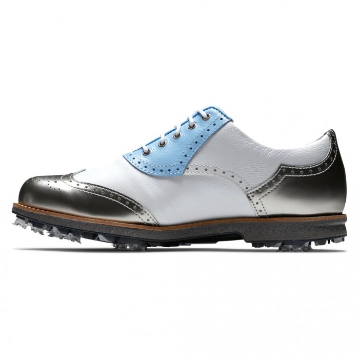 White / Light Blue / Metallic Silver Women's Footjoy Golf Premiere Series - Shield Tip Spiked Golf S