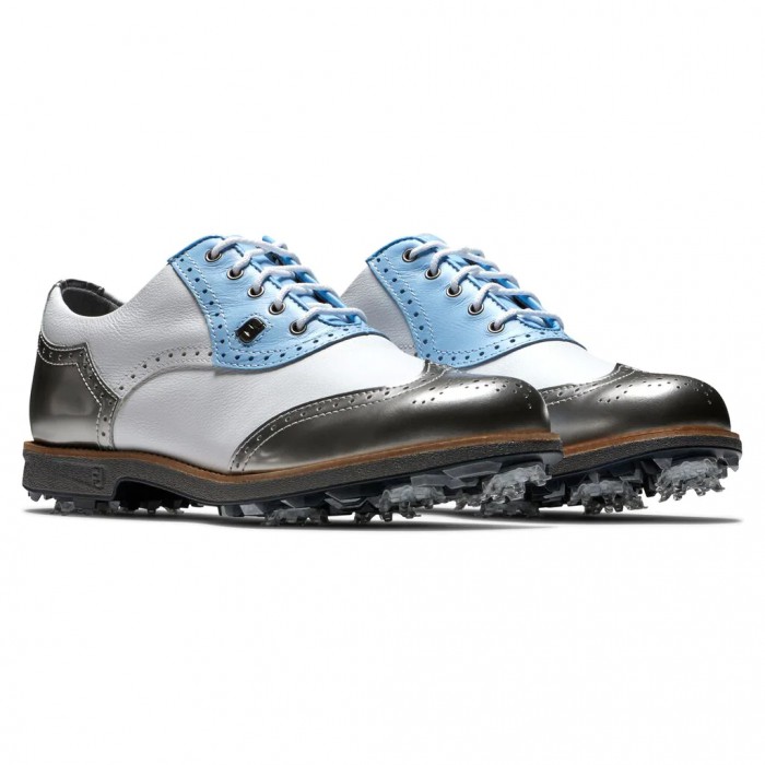 White / Light Blue / Metallic Silver Women's Footjoy Golf Premiere Series - Shield Tip Spiked Golf S