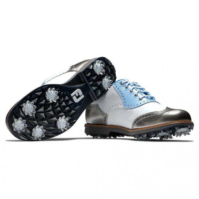 White / Light Blue / Metallic Silver Women's Footjoy Golf Premiere Series - Shield Tip Spiked Golf S