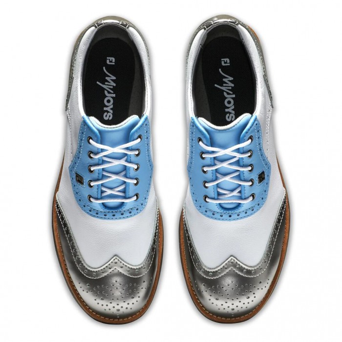 White / Light Blue / Metallic Silver Women's Footjoy Golf Premiere Series - Shield Tip Spiked Golf S