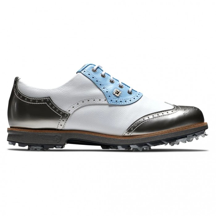 White / Light Blue / Metallic Silver Women\'s Footjoy Golf Premiere Series - Shield Tip Spiked Golf S