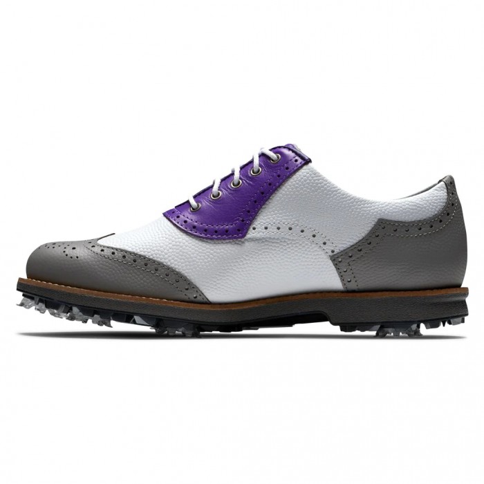 White Pebble / Grey Pebble / Purple Women's Footjoy Golf Premiere Series - Shield Tip Spiked Golf Sh