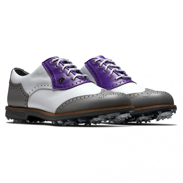 White Pebble / Grey Pebble / Purple Women's Footjoy Golf Premiere Series - Shield Tip Spiked Golf Sh