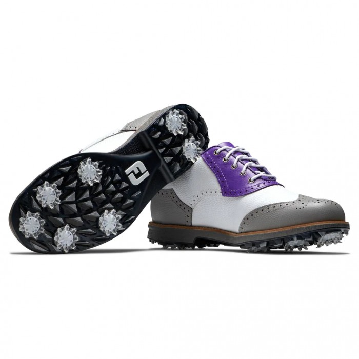 White Pebble / Grey Pebble / Purple Women's Footjoy Golf Premiere Series - Shield Tip Spiked Golf Sh